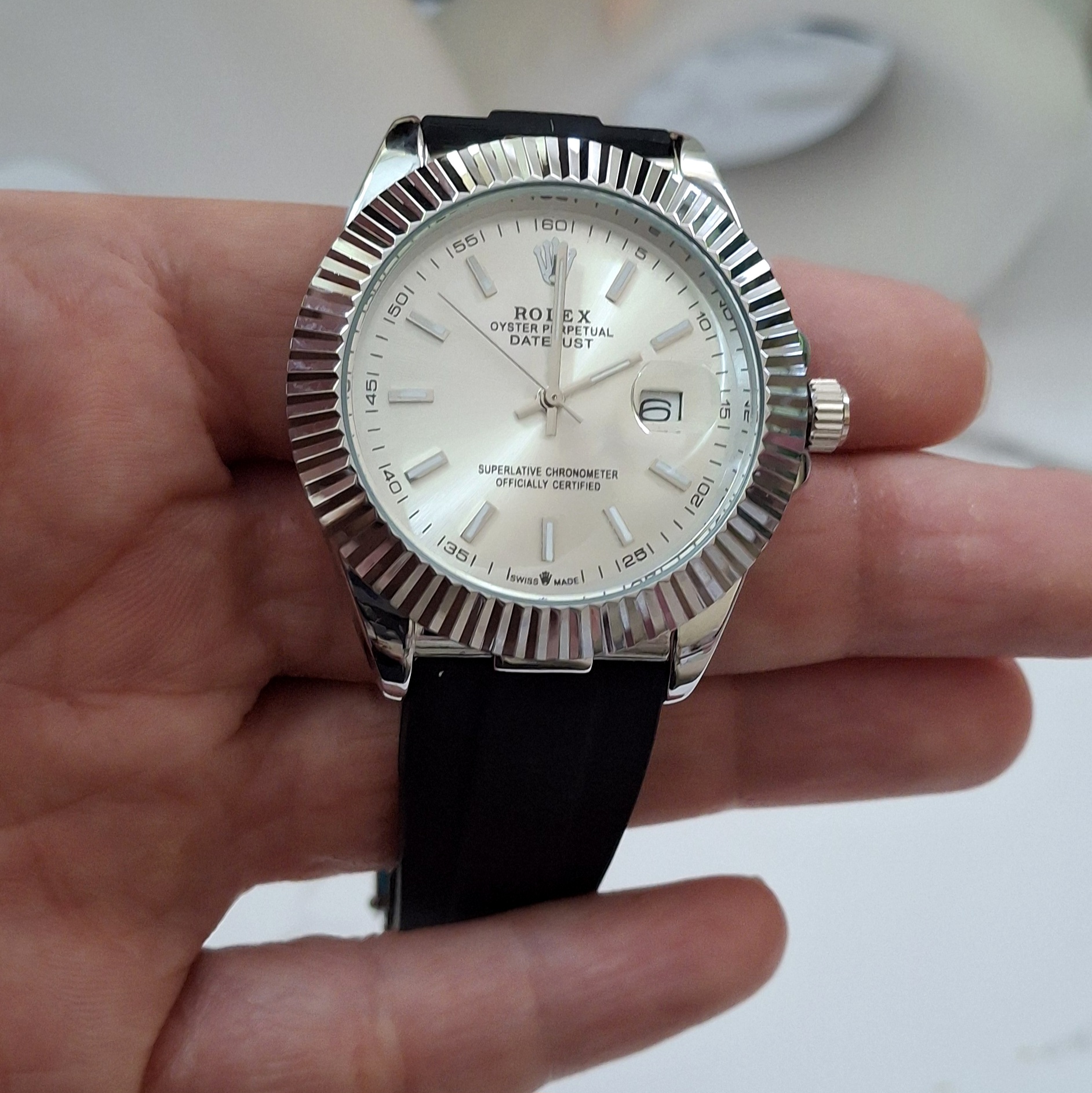 ROLEX Ronde Silver/Bracelet Noir + Dateur - الصورة 2